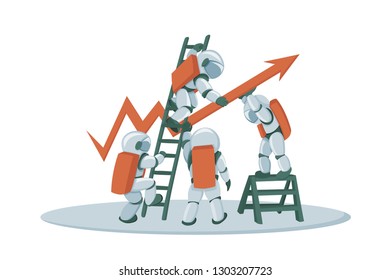 Advance business investment economics strategy concept banner with flat cartoon astronauts characters in space suit with graph isolated on white. Can use for web banner, infographics, hero images.