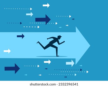 Advance business. man runs in the direction of the arrow pointing forward