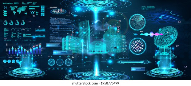 Advance control center with HUD UI. Building Information Modeling with Futuristic User Interface. Smart technology IOT for city and buildings. Scifi 3D hologram models with HUD. Vector illustration