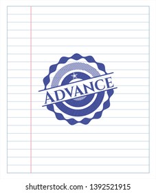Advance emblem with pen effect. Blue ink. Vector Illustration. Detailed.