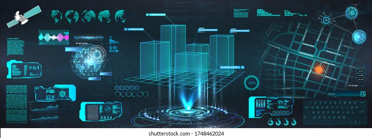 Centro de controle avançado do HUD. Painel gráfico Head-up display e interface de usuário futurista GUI, UI. Tecnologia inteligente IOT e cidade de ficção científica. modelo 3D Hologram Earth Globe. Conjunto de elementos do vetor HUD