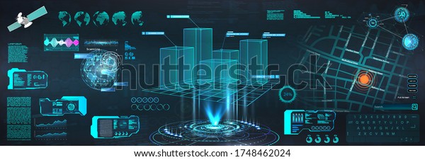 Advance HUD control center. Graphic Dashboard Head-up display and  Futuristic User Interface GUI, UI. Smart technology IOT and Sci-fi city. 3D model Hologram Earth Globe. Vector HUD elements set