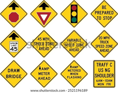 Advance Traffic Control Signs: Stop, Yield, Traffic Lights Ahead, Speed Limits, Draw Bridge, Ramp Meter, and Traffic Using Shoulder. Road signs in the United States.