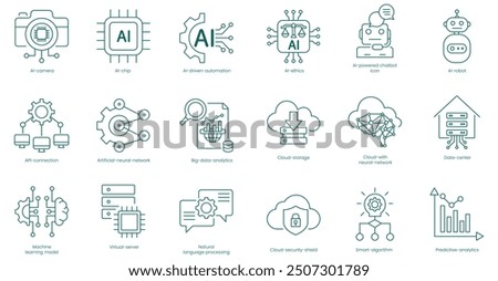 Advanced AI and Cloud Solutions Vector Icons Set: AI Camera, AI Chip, Driven Automation, Ethics, Chatbot, Robot, API Connection, Artificial Neural Network, Big Data Analytics, vector icon set 