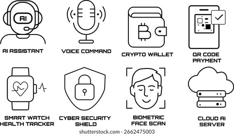 Advanced AI and Cyber Technology Icons – Smart Tech Line Art Set