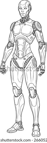 Advanced AI humanoid robot illustration. Full-body line art drawing of a futuristic male cyborg with detailed mechanical anatomy