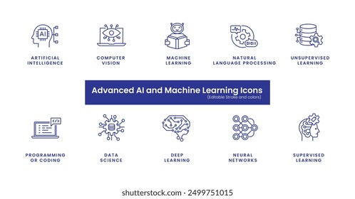 Advanced AI and Machine Learning Icons: Vector Line Icons for AI Applications