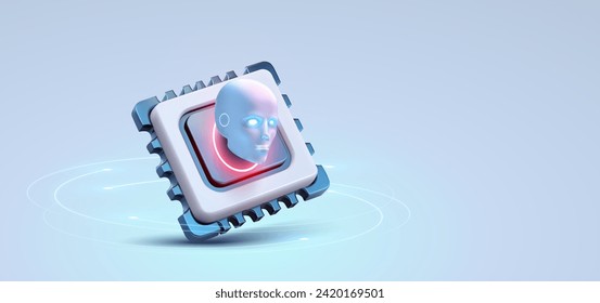 An advanced AI microchip with a glowing human face hologram, symbolizing cutting-edge artificial intelligence technology. Futuristic AI Chip with Human Face Representation Blue Background. Neuralink.