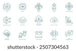 Advanced AI and Quantum Computing Vector Icons Set: Brain, AI Chip, AI Ethics, AI Robot, Quantum Computing, Artificial Neural Network, Cloud Backup, Computing Architecture, Security Shield, Predict