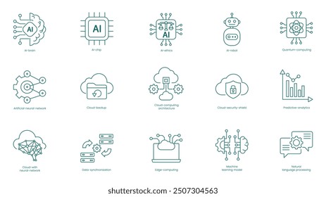 Advanced AI and Quantum Computing Vector Icons Set: Brain, AI Chip, AI Ethics, AI Robot, Quantum Computing, Artificial Neural Network, Cloud Backup, Computing Architecture, Security Shield, Predict