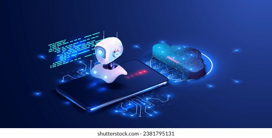 Advanced AI Robot Connected to Digital Cloud Systems with Binary Code Background. Digital brain neural network, AI servers and robots technology, artificial bot mind. Vector illustration