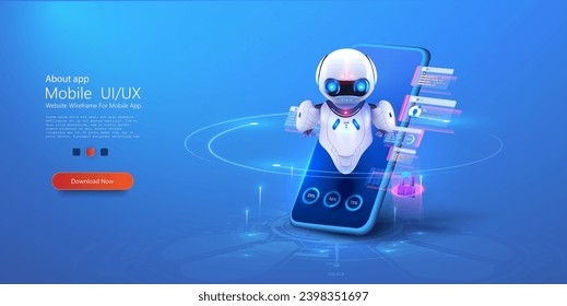 Advanced AI Robot Interface Interaction with Virtual Holographic Display and Cybernetic Security. 3D artificial intelligence. Digital brain neural network. Vector illustration. 