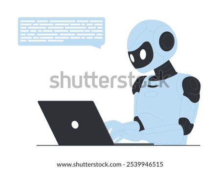 Advanced AI robot working on a laptop. Speech bubble represents the robot s ability to communicate and process information effectively vector illustration.