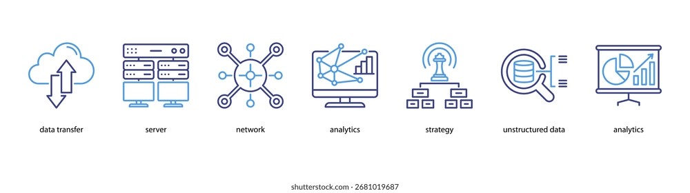 Advanced Analytics-Webbanner-Vektorgrafik mit Vektorgrafiken zu Datenübertragung, Server, Netzwerk, Analytics, Strategie, unstrukturierten Daten und Analytics.