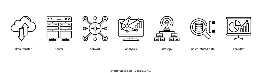 Advanced Analytics web banner icon vector illustration featuring Data Transfer, Server, Network, Analytics, Strategy, Unstructured Data, and Analytics.