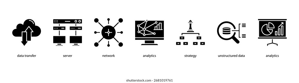 Ilustração vetorial do ícone de banner da Web do Advanced Analytics com Transferência de Dados, Servidor, Rede, Análise, Estratégia, Dados Não Estruturados e Análise.