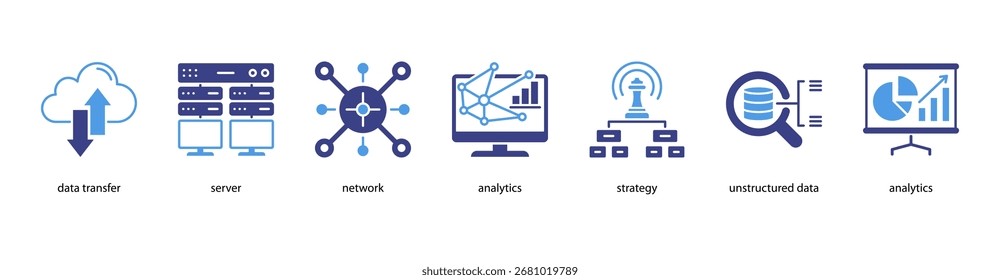 Ilustração vetorial do ícone de banner da Web do Advanced Analytics com Transferência de Dados, Servidor, Rede, Análise, Estratégia, Dados Não Estruturados e Análise.