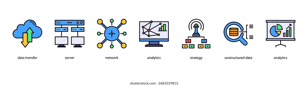 Ilustração vetorial do ícone de banner da Web do Advanced Analytics com Transferência de Dados, Servidor, Rede, Análise, Estratégia, Dados Não Estruturados e Análise.