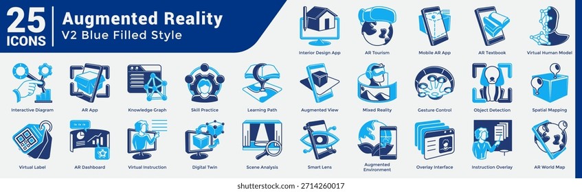 Advanced AR Application Icon Bundle bietet 25 Symbole für den Aufbau anspruchsvoller Apps in den Bereichen Einzelhandel, Bildung, Design und Unternehmensproduktivität. Dualtone-Stil.