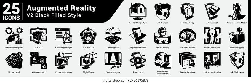 Advanced AR Application Icon Bundle offers 25 symbols for building sophisticated apps in retail, education, design, and enterprise productivity. Black Filled style.