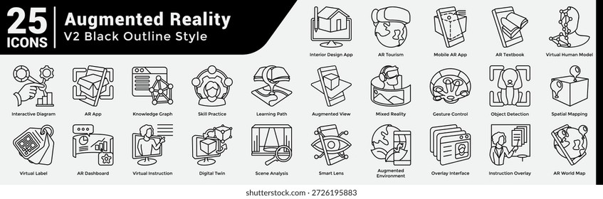 Advanced AR Application Icon Bundle offers 25 symbols for building sophisticated apps in retail, education, design, and enterprise productivity. Line style.