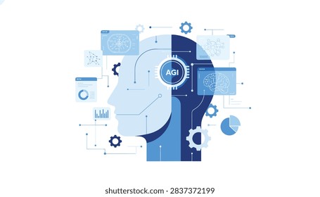 Advanced artificial general intelligence profile of a human head with electronic brain circuits and futuristic network data.