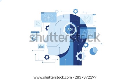 Advanced artificial general intelligence profile of a human head with electronic brain circuits and futuristic network data.