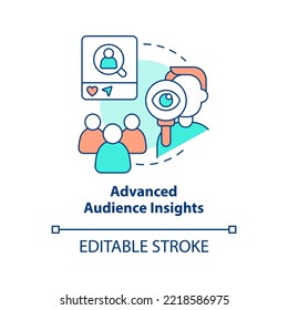 Advanced audience insights concept icon. Research target clients. Marketing analytic abstract idea thin line illustration. Isolated outline drawing. Editable stroke. Arial, Myriad Pro-Bold fonts used