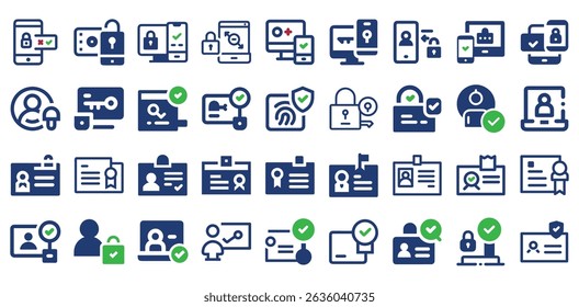Conjunto de Ícones de Autenticação Avançada e Credenciais. EPS Design que ilustra os conceitos de logon de vários fatores, autorização segura, verificação de identidade e bloqueio digital