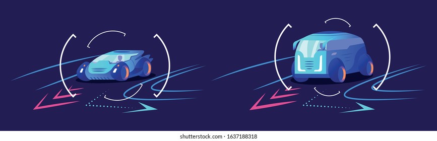 Advanced automobile navigation flat color vector illustrations. Smart driver assistance, traffic analyzing system predicting automobile movement. Cars taking turn on blue background