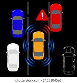 Fortschrittliche autonome Smart Car-Scans, KI-betriebene Maschinen und proaktive Alarmmeldungen für mehr Sicherheit in der Stadt - Vektorillustration