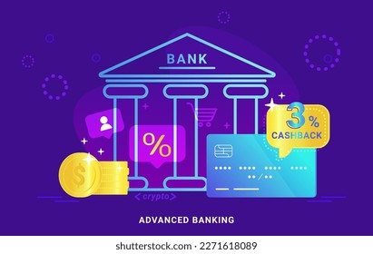 Juego avanzado de banca y finanzas de brillantes iconos para la banca virtual y el intercambio de divisas criptográfico. Símbolo del banco con tarjeta de crédito, monedas de oro y notificación de promoción de reembolso