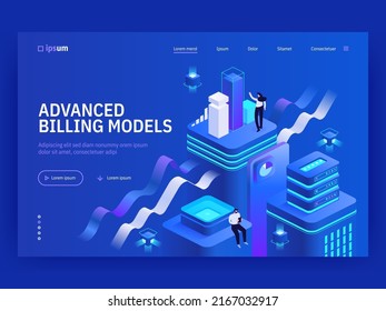 Advanced billing models isometric vector image on blue background. Comfortable online bank services. Easy digital financial operations. Web banner with copy space for text. 3d components composition