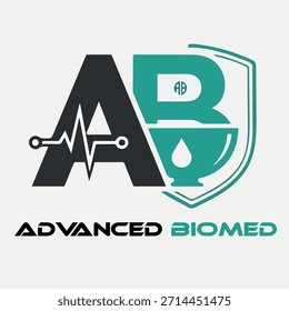 O logotipo "Advanced Biomed" apresenta iniciais "AB" arrojadas, com uma linha de batimento cardíaco e uma tigela médica e queda, simbolizando a inovação no sistema de saúde. A fonte moderna e as cores preto-escuro transmitem confiança e 