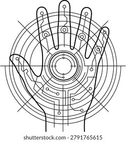 Advanced biometric hand scanning vector line art with biometric technology circuits identity authentication security verification detection biometry identification advanced isolated