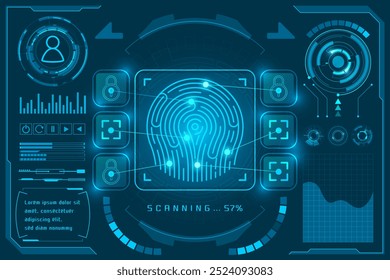 Avanzado escáner biométrico azul de huellas dactilares con Elementos digitales HUD, ideal para conceptos de seguridad y tecnología.