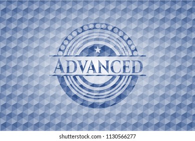 Advanced blue emblem or badge with abstract geometric pattern background.