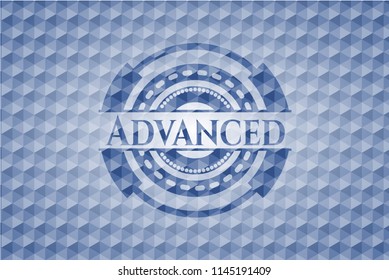 Advanced blue emblem with geometric pattern background.