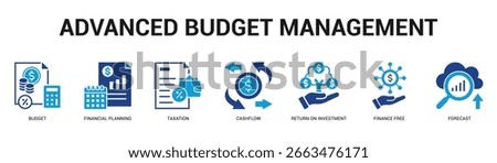 Advanced Budget Management Modern and clean web banner illustration featuring thematic icons for visual communication