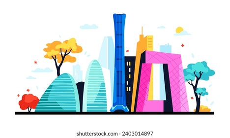 Edificios avanzados de China - ilustración vectorial de color moderno con sede de CCTV, torre de Shanghai y rascacielos Wangjing SOHO. Arquitectura de la calle y vistas a la ciudad. Idea itinerante