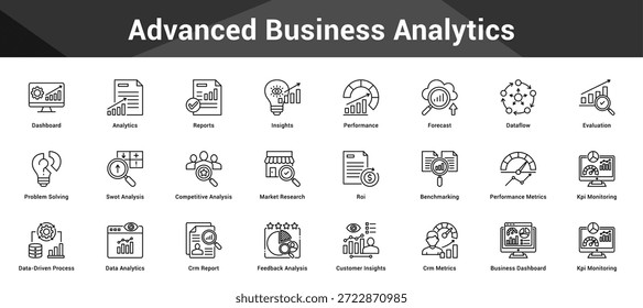 Advanced Business Analytics Conjunto coeso de ícones vetoriais minimalistas que representam ideias-chave com clareza visual