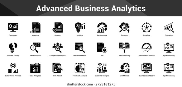 Advanced Business Analytics Zusammenfassende minimalistische Vektorsymbole, die wichtige Ideen mit visueller Klarheit darstellen