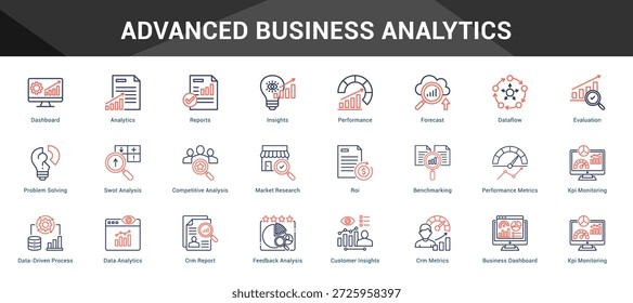 Advanced Business Analytics Cohesive set of minimalist vector icons representing key ideas with visual clarity
