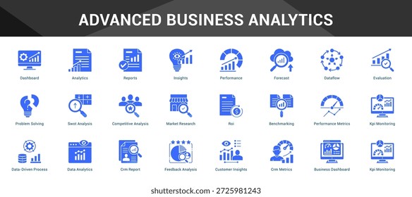 Advanced Business Analytics Cohesive set of minimalist vector icons representing key ideas with visual clarity