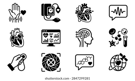 Advanced cardiac technology and artificial intelligence medical diagnostic icons.