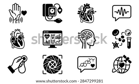 Advanced cardiac technology and artificial intelligence medical diagnostic icons.