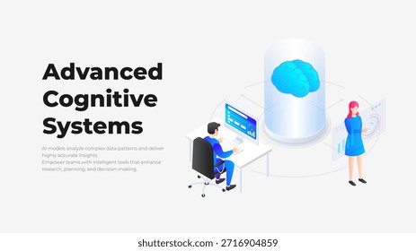 Advanced Cognitive Systems Illustrvation. AI Brain Analysis, Data Processing, Research Technology, Machine Learning Visualization for Presentation Template, and Digital Innovation.