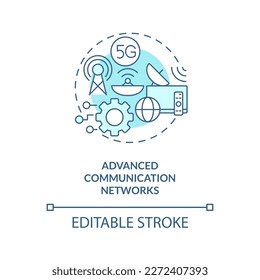 Icono de concepto turquesa de redes de comunicación avanzadas. Ilustración en línea delgada de la idea abstracta de financiamiento gubernamental de TI. Dibujo de contorno aislado. Trazo editable. Fuentes Arial, Myriad Pro-Bold utilizadas