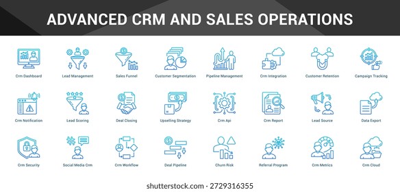 Fortgeschrittene CRM- und Vertriebsvorgänge Zusammenfassende minimalistische Vektorsymbole, die wichtige Ideen mit visueller Klarheit darstellen