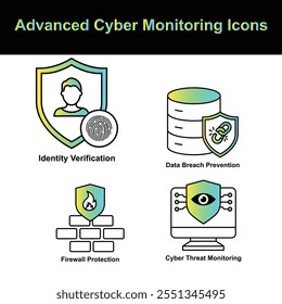 Ícones avançados de monitoramento cibernético: monitoramento de ameaças cibernéticas, prevenção contra violação de dados, verificação de identidade, proteção por firewall